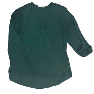 Pleione Women's Blouse Size L Green Draped V-Neck Roll Tab Sleeve Workwear Chic